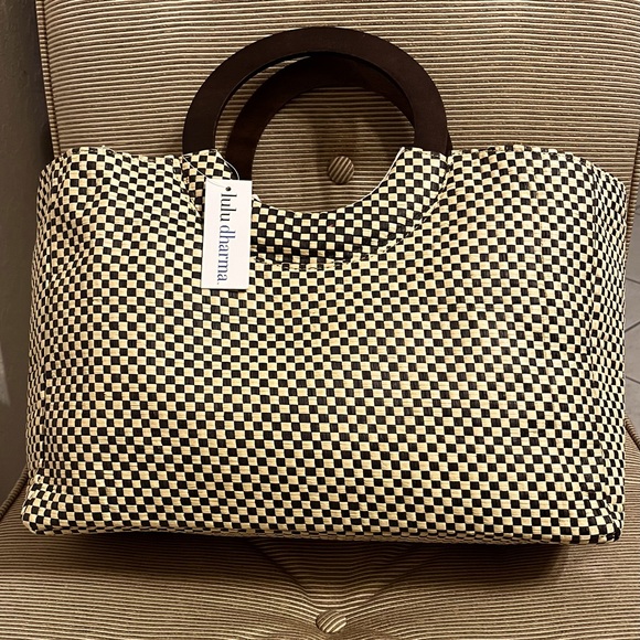 NWT Lulu Dharma Black/Natural Checkered Basket Woven Raffia Tote - Picture 1 of 11